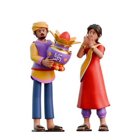 Indian Woman And Man Giving Kalasha  3D Illustration