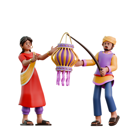 Indian Woman And Man Installing Lanterns  3D Illustration