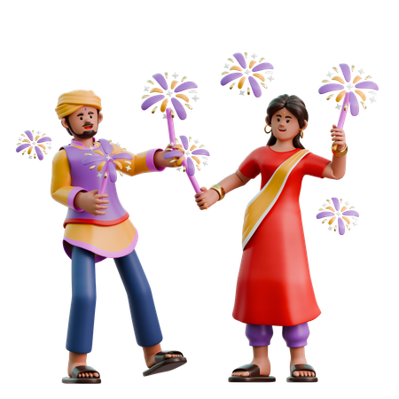 Indian Woman And Man Lighting Fireworks  3D Illustration