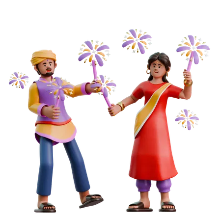 Indian Woman And Man Lighting Fireworks  3D Illustration