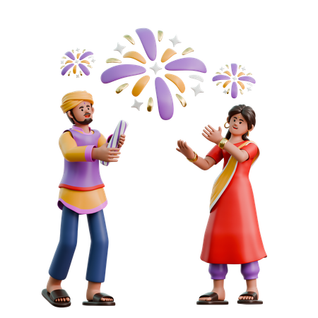 Indian Woman And Man Playing Fireworks  3D Illustration
