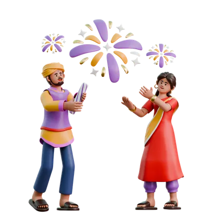 Indian Woman And Man Playing Fireworks  3D Illustration