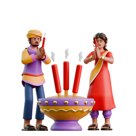 Indian Woman And Man Praying With Diwali Incense  3D Illustration
