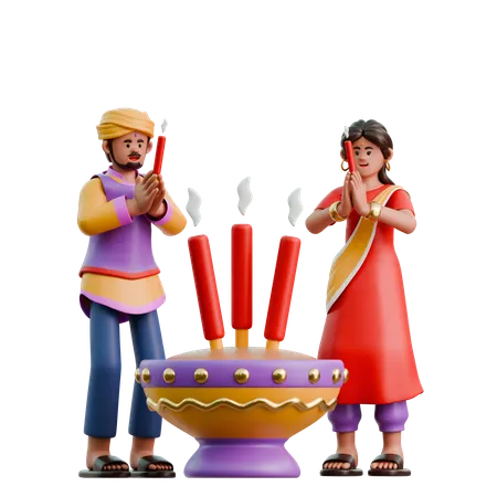 Indian Woman And Man Praying With Diwali Incense  3D Illustration