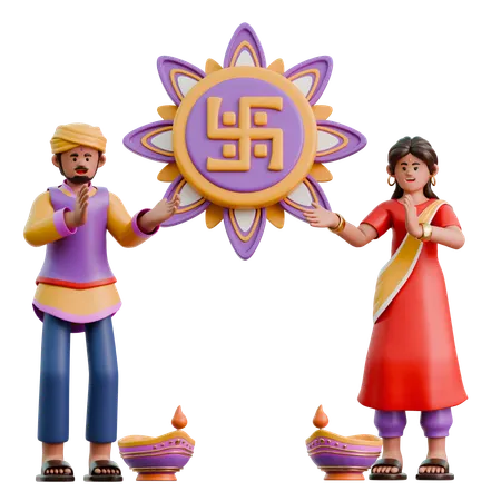 Indian Woman And Man Putting Up Diwali Swastika  3D Illustration