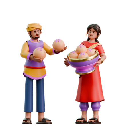 Indian Woman And Man Sharing Food  3D Illustration