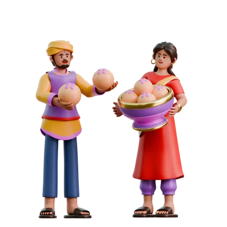 Indian Woman And Man Sharing Food  3D Illustration