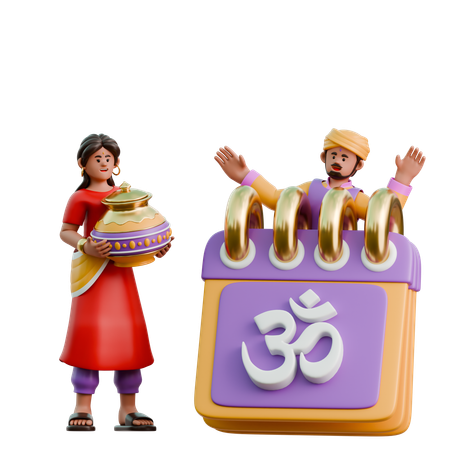 디왈리 달력을 가진 인도 여성과 남성  3D Illustration