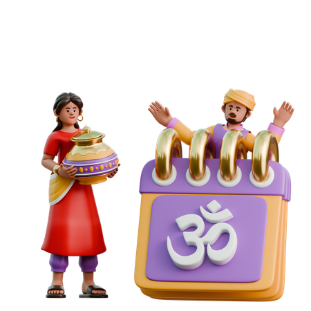 Indian Woman And Man With Diwali Calendar  3D Illustration