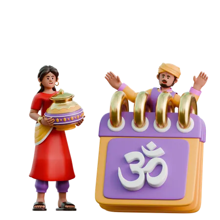 Indian Woman And Man With Diwali Calendar  3D Illustration