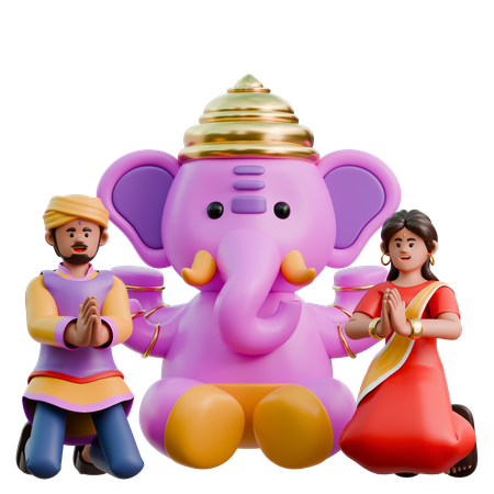 Indian Woman And Man With Ganesha  3D Illustration