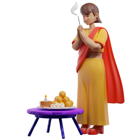 Indian Woman Praying To God  3D Icon