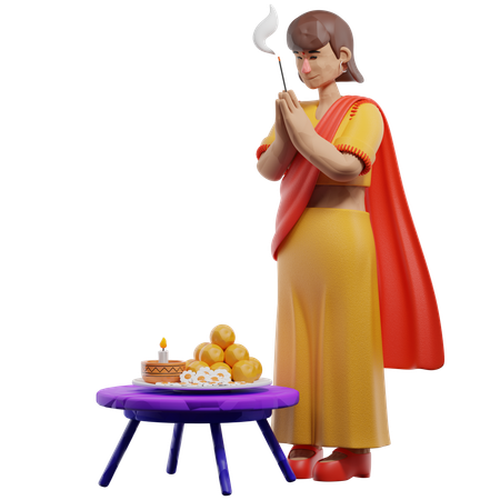 Indian Woman Praying To God  3D Illustration