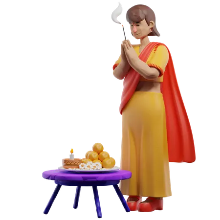 Indian Woman Praying To God  3D Illustration