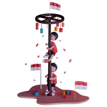 Indonesia Boy playing Panjat Pinang  3D Illustration