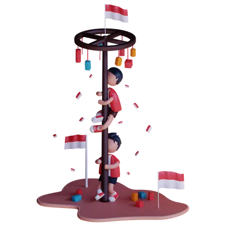 Indonesia Boy playing Panjat Pinang  3D Illustration