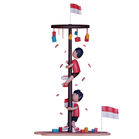 Indonesia Boy playing Panjat Pinang  3D Illustration