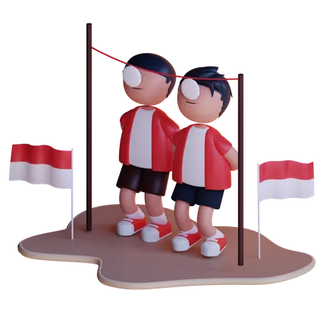 Indonesischer Mann spielt Kerupuk-Spiel  3D Illustration
