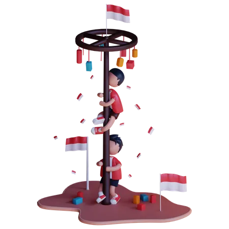 Niño indonesio jugando Panjat Pinang  3D Illustration