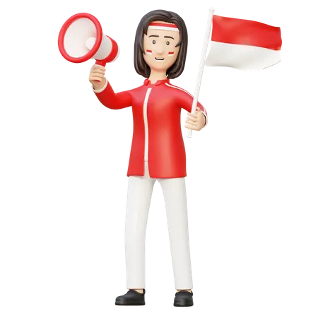 Women Holding Megaphone And Flag Of Indonesia Independence Day Event 3 D Cartoon Illustration 3D Illustration