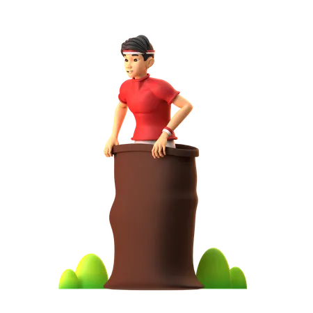 Indonesian Boy Doing Traditional Sack Race On Indonesia Independence Day  3D Illustration