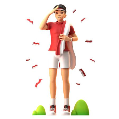 Indonesian Boy Having Respect For Indonesian Flag  3D Illustration