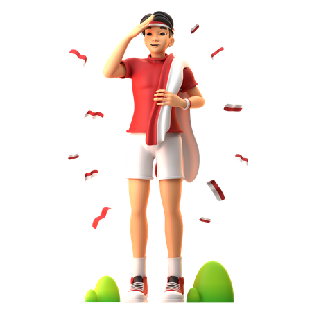 Indonesian Boy Having Respect For Indonesian Flag  3D Illustration