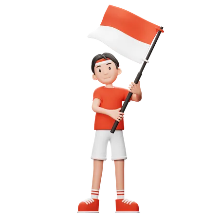 Indonesian boy Holding Flag  3D Illustration