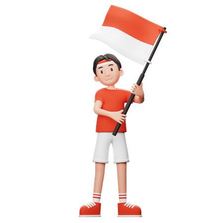 Indonesian boy Holding Flag  3D Illustration