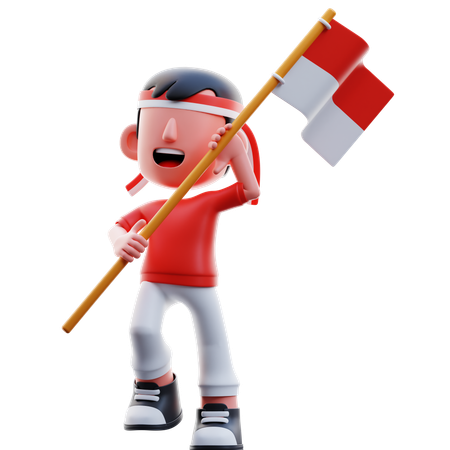 Indonesian Boy Raising Flag With Running  3D Illustration