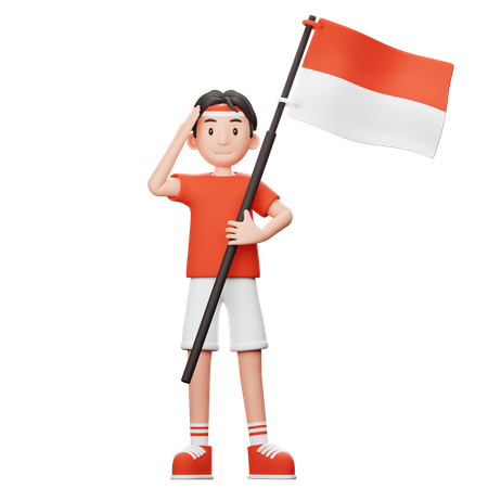 Indonesian boy with flag  3D Illustration