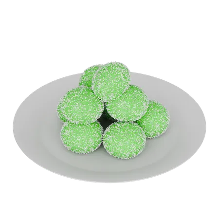 Indonesian Food Klepon Made From Flour With Coconut And Palm Sugar On A Plate  3D Icon