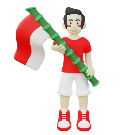 Indonesian Guy Holding Indonesia Flag  3D Illustration