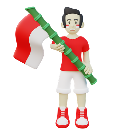 Indonesian Guy Holding Indonesia Flag  3D Illustration