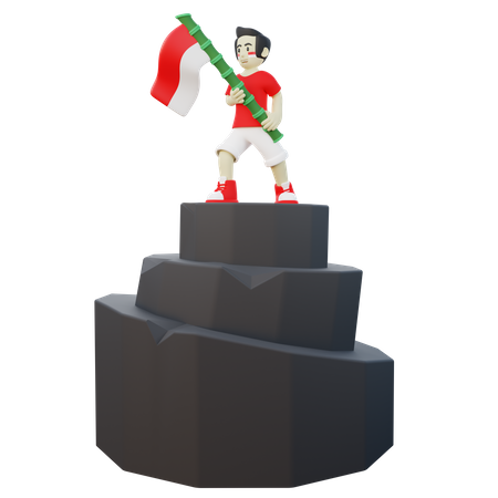 Indonesian Guy holding Indonesia flag on top of a mountain  3D Icon