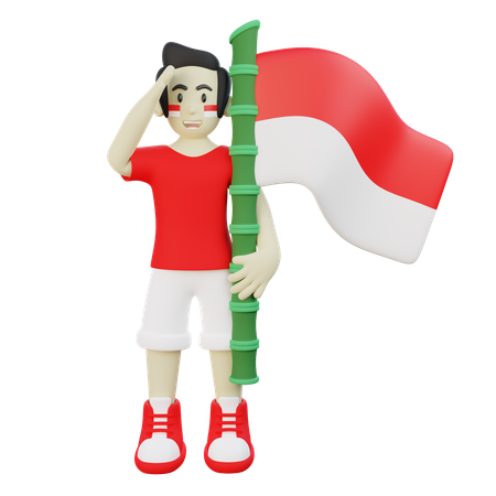 Indonesian Guy holding Indonesia flag while giving salute  3D Icon