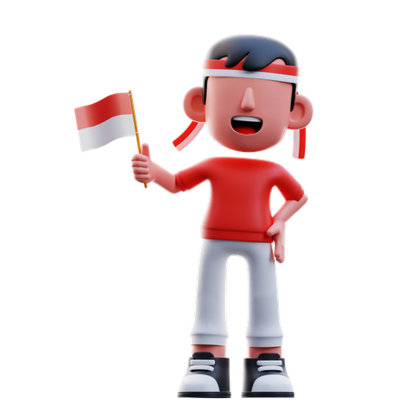 Indonesian Kid Holding Indonesian Flag  3D Illustration