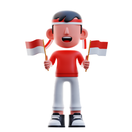 Indonesian Kid Holding Two Indonesian Flag  3D Illustration