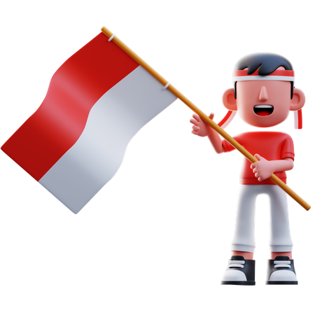 Indonesian Kid Raising Indonesian Flag  3D Illustration