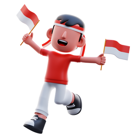 Indonesian Kid Running With Two Indonesian Flag  3D Illustration