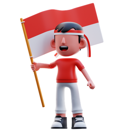 Indonesian Kid Standing With Indonesian Flag  3D Illustration