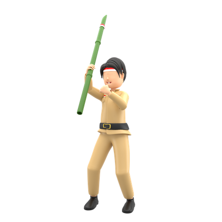Indonesian Male celebrating independence with bamboo  3D Icon