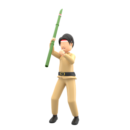 Indonesian Male celebrating independence with bamboo  3D Illustration