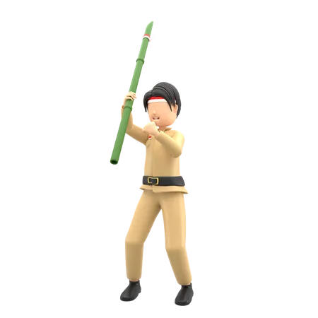 Indonesian Male celebrating independence with bamboo  3D Illustration