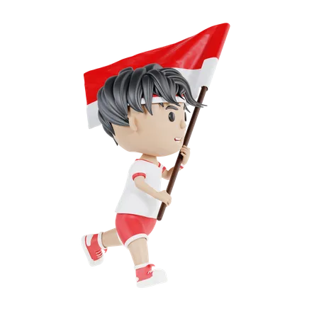3 D Cute Character Indonesian Independence Day Is Running With A Flag 3D Illustration