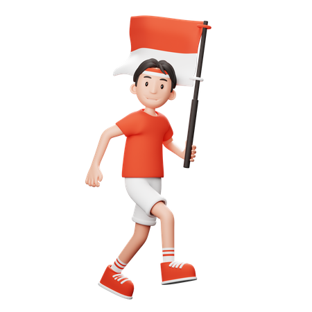 Indonesian man Character Holding Flag  3D Illustration