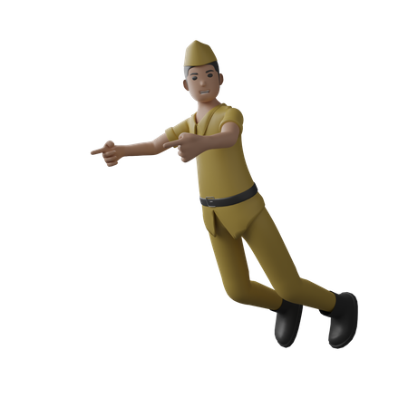 Indonesian man flying and pointing fingers on right side  3D Illustration