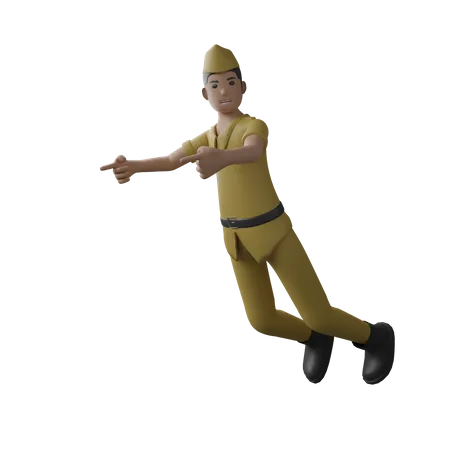 Indonesian man flying and pointing fingers on right side  3D Illustration