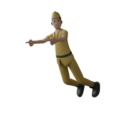 Indonesian man flying and pointing fingers on right side  3D Illustration