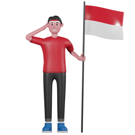 Indonesian man Giving Salute and Holding Indonesia Flag  3D Icon
